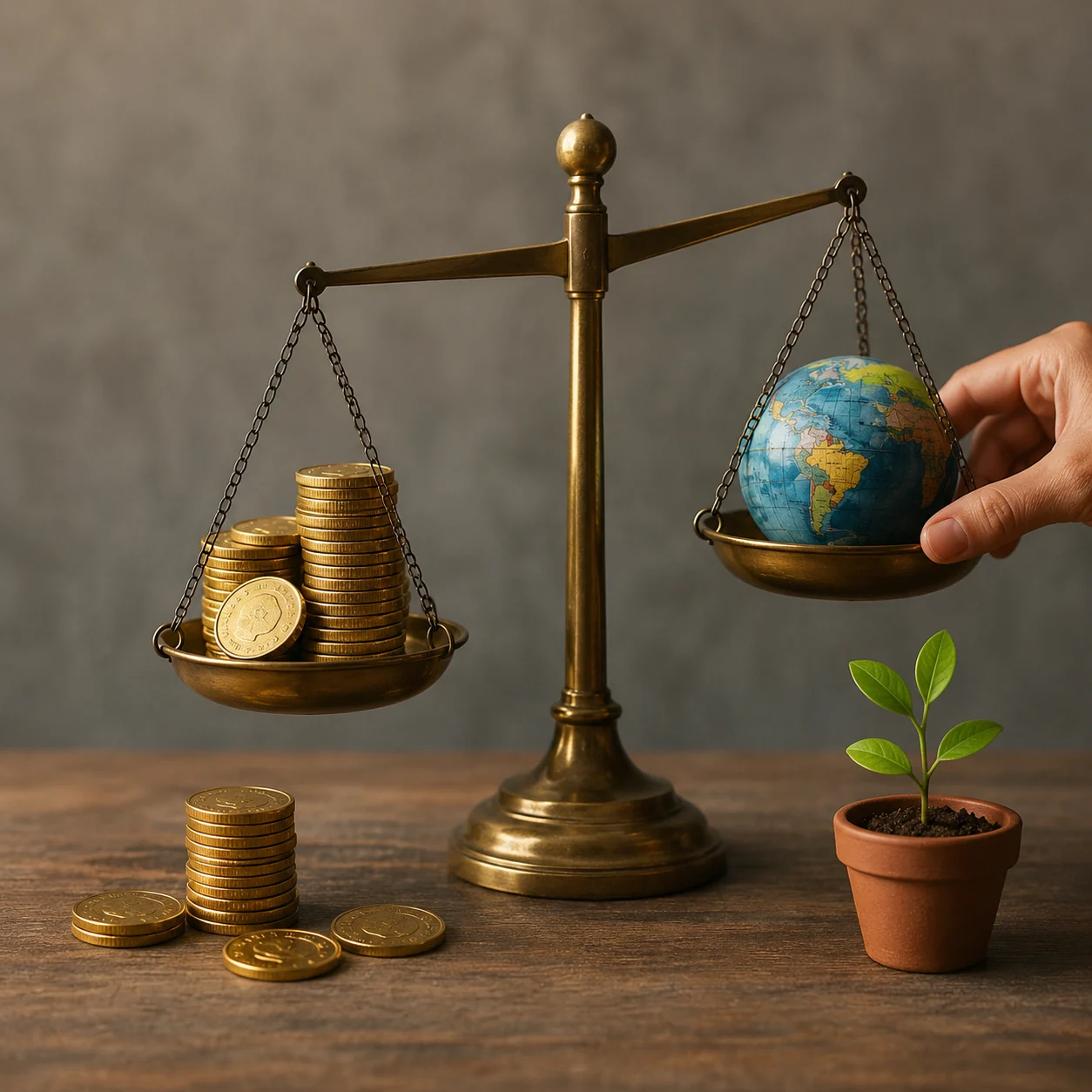 A balance scale weighing coins against the planet, symbolising weighing the decision carefully
