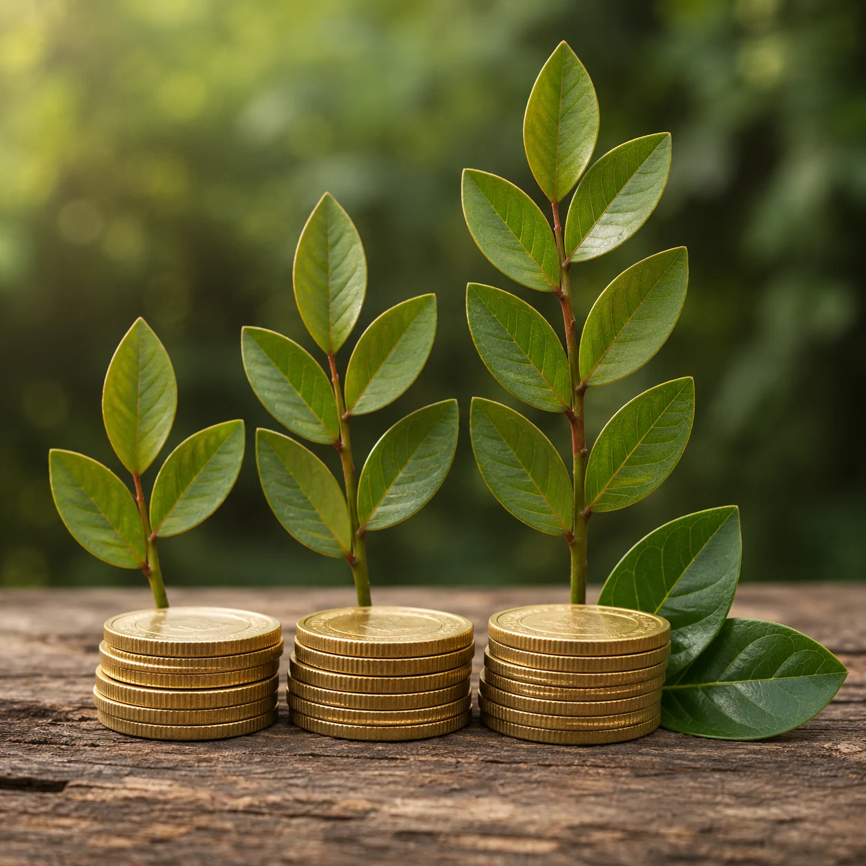 Seedlings growing on coins, symbolising steady long-term growth and shared value