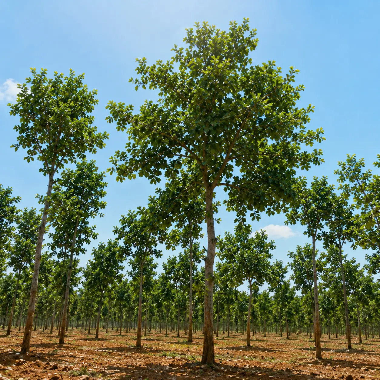 Rows of maturing red sandalwood trees on a managed plantation