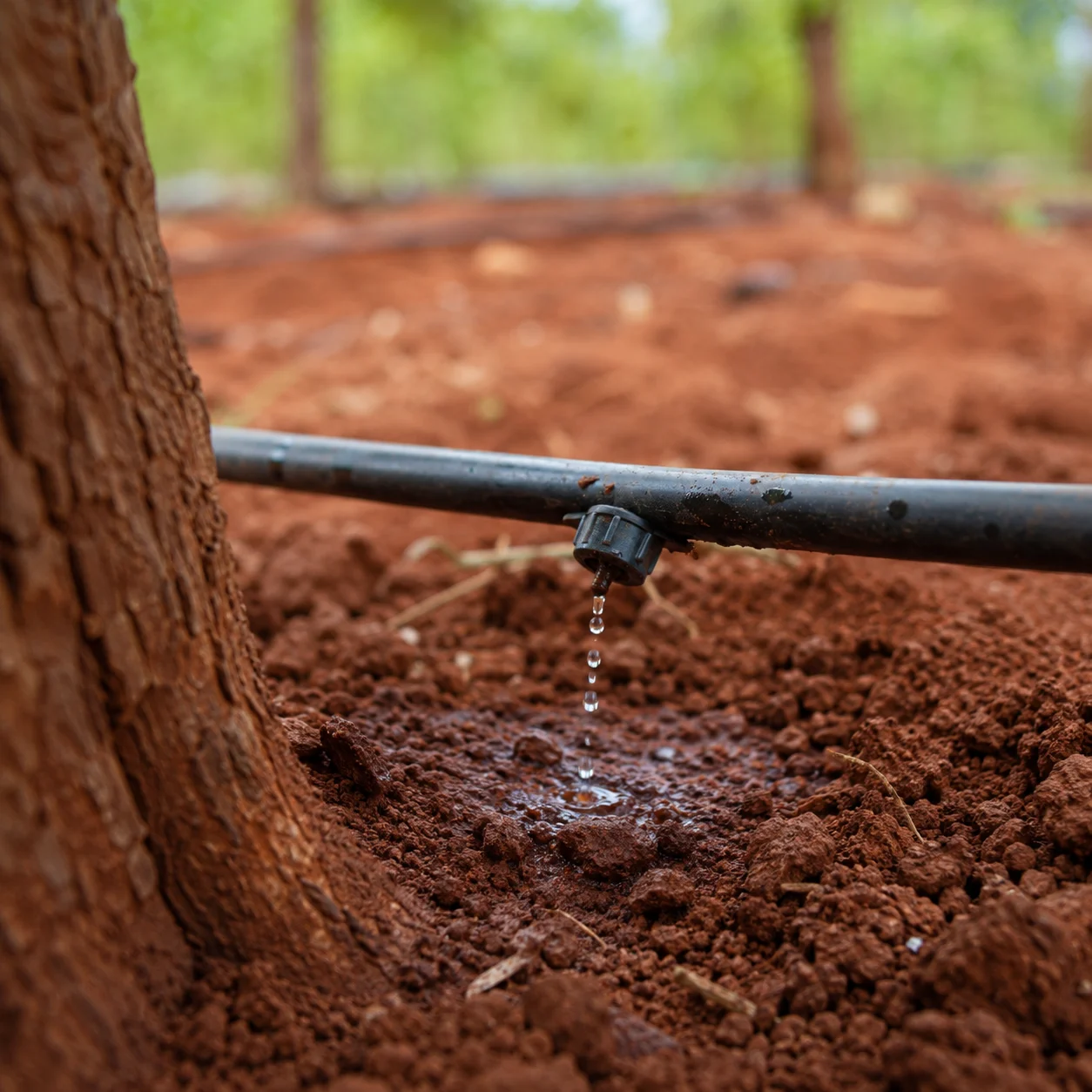 Drip irrigation line delivering water to the root zone of a red sandalwood tree