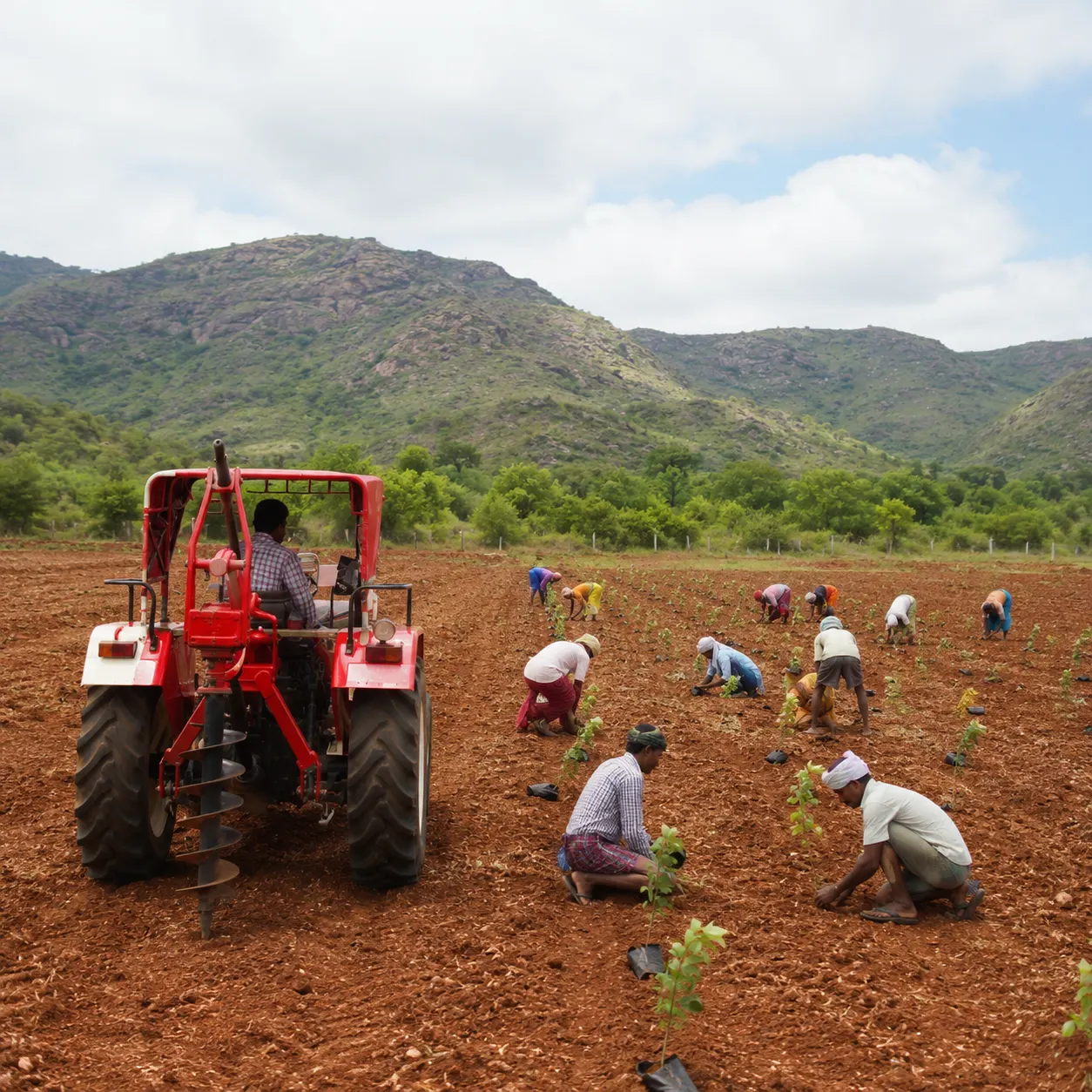 Field team planting red sandalwood saplings during land development in Andhra Pradesh