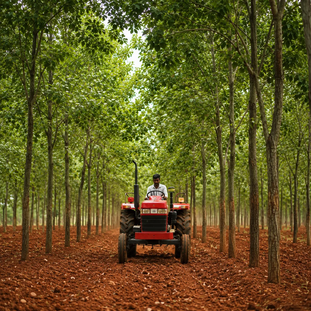 Tractor maintaining the field between rows of red sandalwood trees