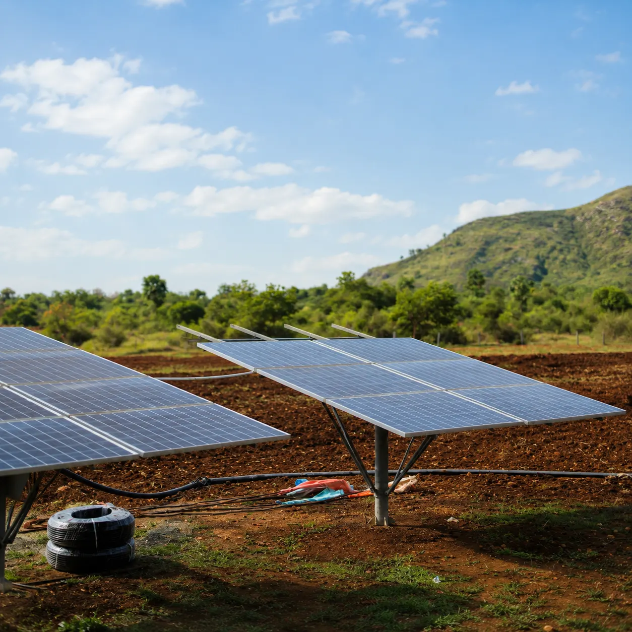 Solar panels powering water systems at a red sandalwood farm