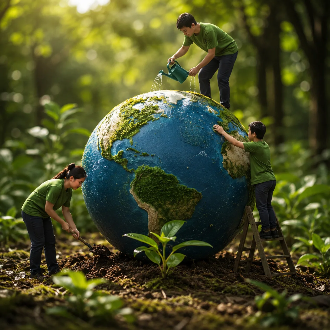 A team tending a green globe, symbolising environmental stewardship